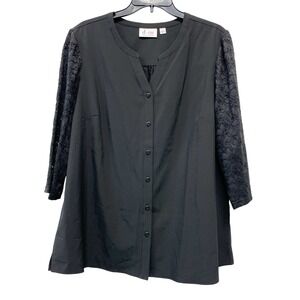 D&Co Women's Black Lace Sleeve Button Front Tunic Top Size Large